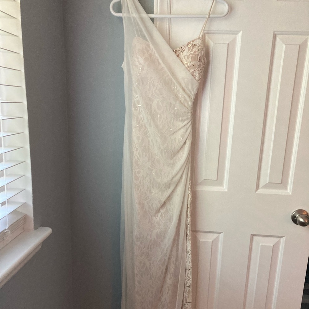Morgan & Co. | Size 3/4 | Cream Dual Layer Prom Dress with Slit and Sequins